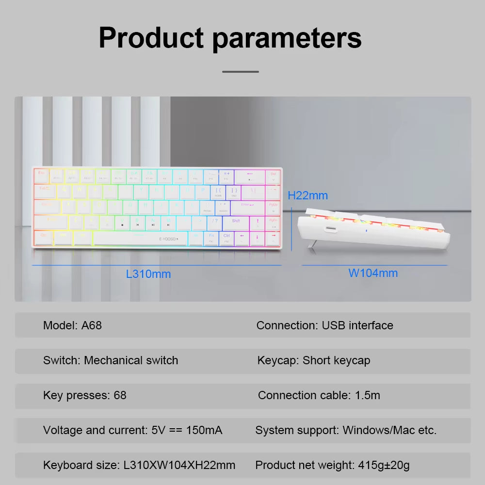 A68 RGB Mini Slim USB Wired Mechanical Gaming Keyboard Red Switch 68 Keys Gamer Russian Brazilian for Compute PC Laptop